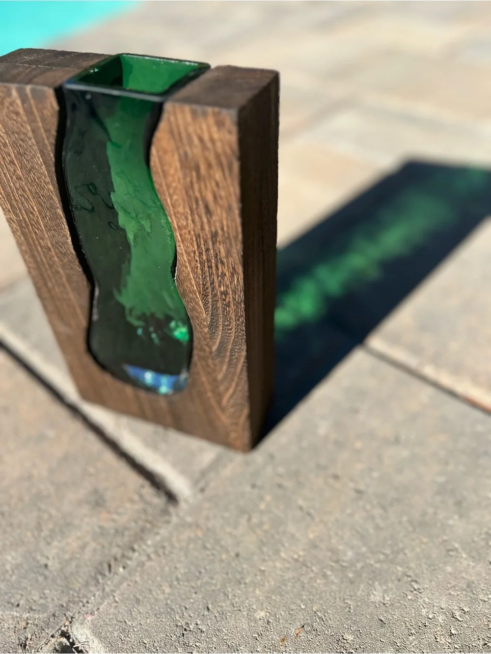 Modern Wooden Bud Vase with Emerald Green Glass Insert | Mid-Century Style Wood